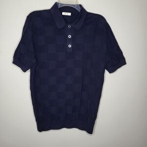 REISS Polo Shirt Men's SMALL Navy Cotton  Press- Stud Basket Weave Class…
